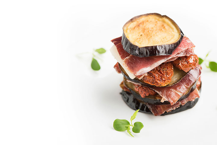 Mille feuille of aubergine with sliced Ham